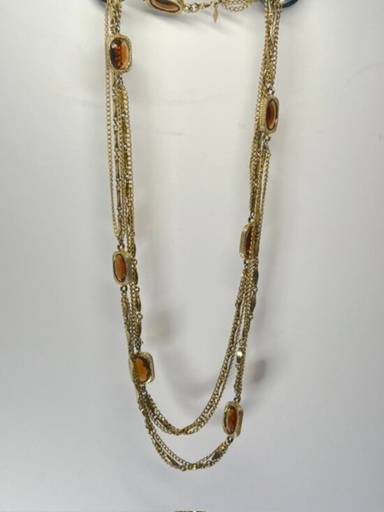 Sarah Coventry Jewelry - Vintage SARAH COVENTRY 53” Gold-Tone Triple Chain Necklace Amber Glass Stones